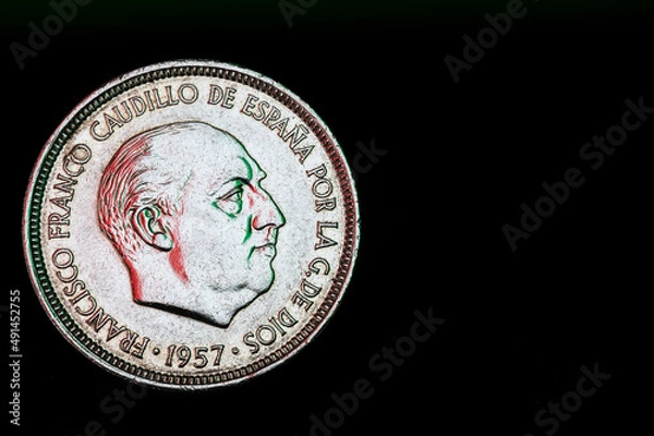 Fototapeta Francisco Franco Five Pesetas Coin 1957 Obverse Reverse Macro Copy Space Black Background