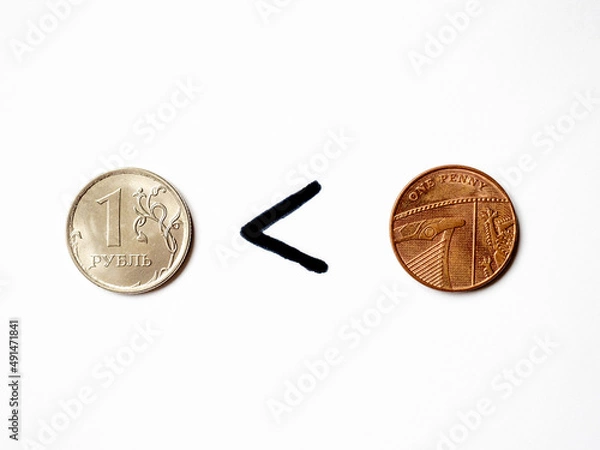 Fototapeta One ruble worth less than one penny. Rouble coin, penny coin. Сurrency exchange. Economic crisis in Russia. War in Ukraine. Fall of russian currency. Business and finance. Economic sanctions effect