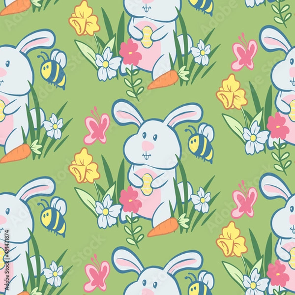 Fototapeta Seamless Repeat Vector Pattern with Easter Bunny flowers butterflies bees and Easter eggs. Cute Illustration for springtime holidays.