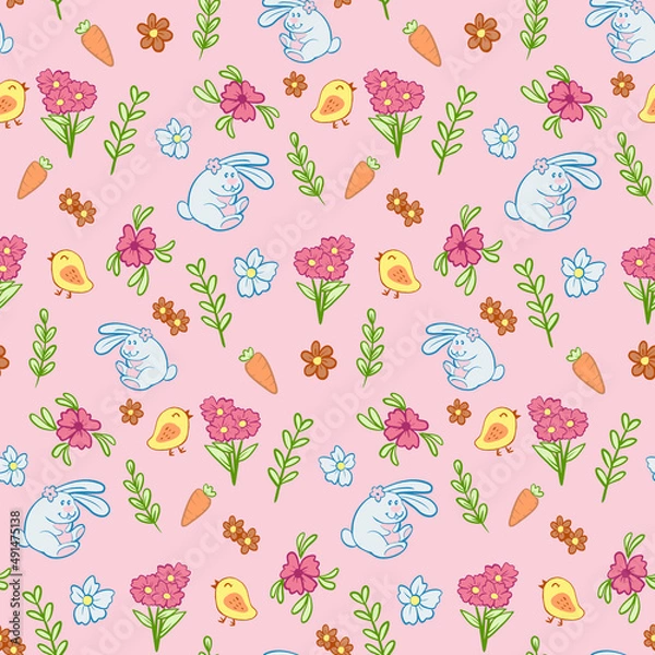 Fototapeta Seamless Repeat Vector Pattern with Easter Bunny flowers butterflies bees and Easter eggs. Cute Illustration for springtime holidays.