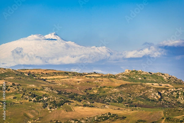 Fototapeta Beautiful View of Mount Etna from Caltagirone, Catania, Sicily, Italy, Europe, World Heritage Site