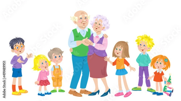 Fototapeta Grandfather and grandmother surrounded by grandchildren. In cartoon style. Isolated on white background. Vector illustration.
