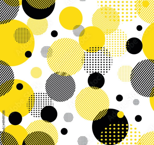 Obraz Abstract Seamless Pattern with dots, circles and lines on white background. Vector illustration. Trendy geometric elements. Modern abstract design poster, cover, card design, fabric sample.
