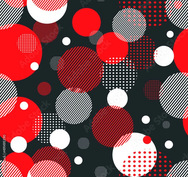 Obraz Abstract Seamless Pattern with dots, circles and lines on white background. Vector illustration. Trendy geometric elements. Modern abstract design poster, cover, card design, fabric sample.
