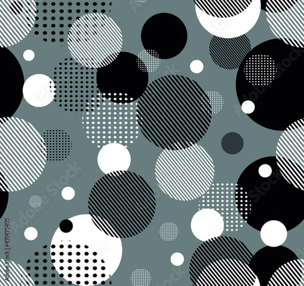Fototapeta Abstract Seamless Pattern with dots, circles and lines on white background. Vector illustration. Trendy geometric elements. Modern abstract design poster, cover, card design, fabric sample.
