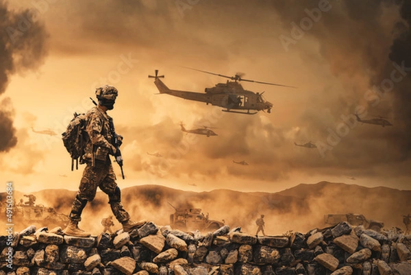 Fototapeta Military and helicopter troops on the way to the battlefield.