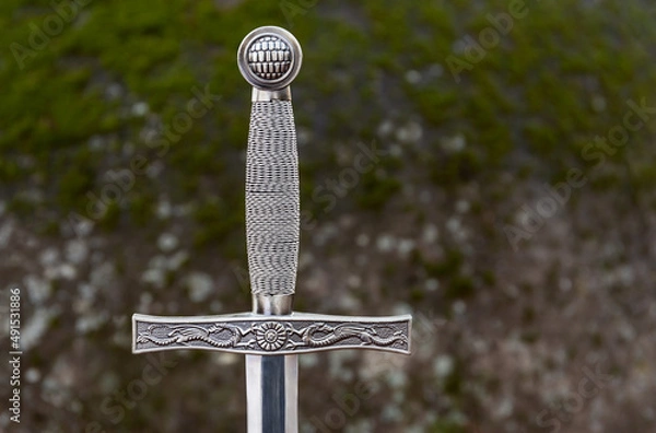 Fototapeta Medieval Sword with Mossy Rock Background