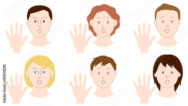 Fototapeta 片手を前に突き出し「NO」の意思表示をする人々のイラスト（白背景・ベクター・切り抜き）