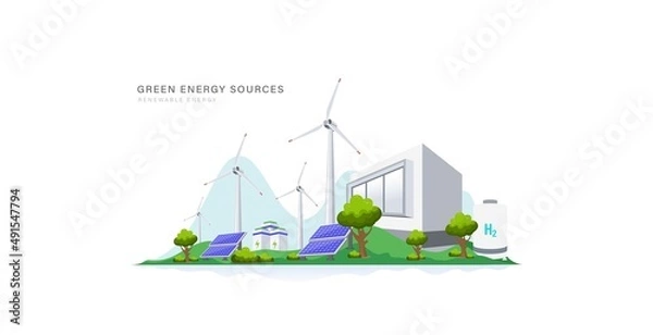 Fototapeta Green energy power plant with solar and wind source background concept. Clean electric energy and renewable source for future sustainable world vector illustration.