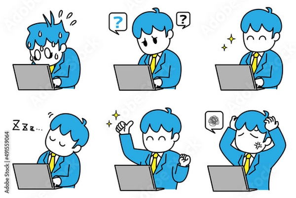 Fototapeta 男性　会社員　ビジネス　パソコン　悩み　イラストセット