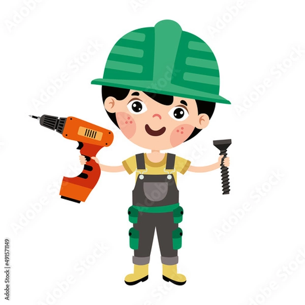 Obraz Cartoon Kid With Construction Tools