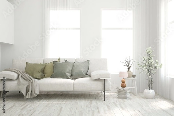 Fototapeta White living room with sofa. Scandinavian interior design. 3D illustration