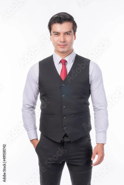 Fototapeta Portrait working Asian business handsome man ware suit standing on white background with copy space - business concept