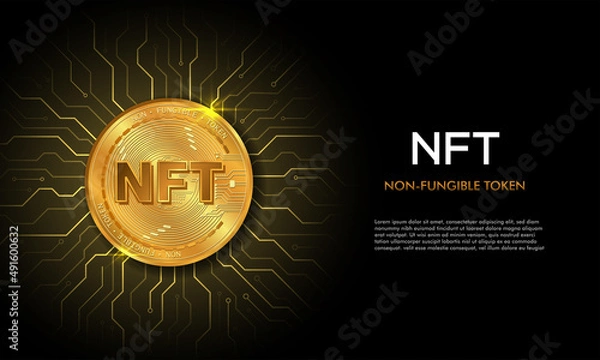 Fototapeta Non fungible token NFT.Technology background with circuit.NFT logo.Crypto currency concept.