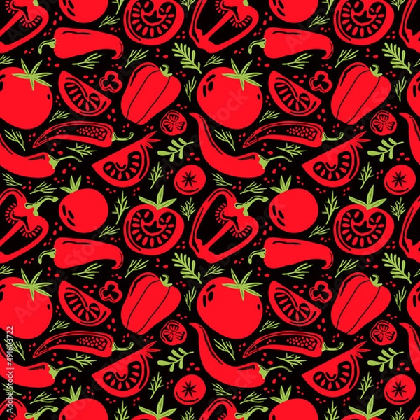 Fototapeta Seamless pattern doodle vegetables on dark background. Red and green pepper, hot chili, tomatoes, jalapeno, paprika, seeds, herbs. Vegetables cut half, piece. Farm products. Hand drawn illustration.