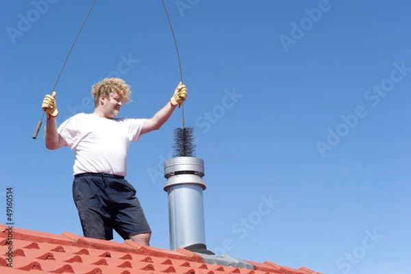 Obraz Man cleaning chimney on tiled roof