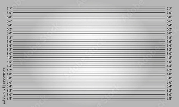Fototapeta Horizontal police mugshot background with lighting effect. Feet height chart for photo of wanted, arrested or suspect person identity. Vector realistic illustration.