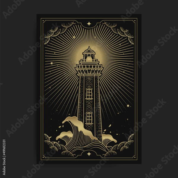 Obraz Lighthouse in the middle of the sea with waves and storm clouds, illustration with esoteric, boho, spiritual, geometric, astrology, magic themes, for tarot reader card or posters