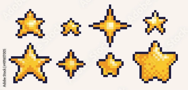 Obraz Shiny golden stars pixel art icon set. Rating or ranking symbols logo collection. 8-bit sprite. Game development, mobile app.  Isolated vector illustration.