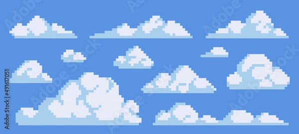 Fototapeta Fluffy clouds pixel art icon set. Smoke or fog, sky elements logo collection. 8-bit sprite. Game development, mobile app.  Isolated vector illustration.