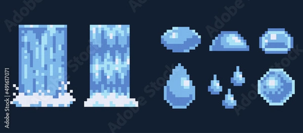 Fototapeta Water drops and splashes pixel art icon set. Waterfall logo collection. Liquid elements. 8-bit sprite. Game development, mobile app.  Isolated vector illustration.