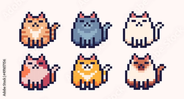 Fototapeta Different colors cats pixel art icon set. Kitty breeds logo collection. 8-bit sprite. Game development, mobile app.  Isolated vector illustration.