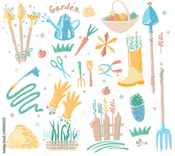 Fototapeta Vector garden pattern: tools for plants (shovels, rakes, pitchforks), gardening gloves, watering can, fruit basket, hay, water hose, scissors, fence with plants, basket with onions, rubber boot.