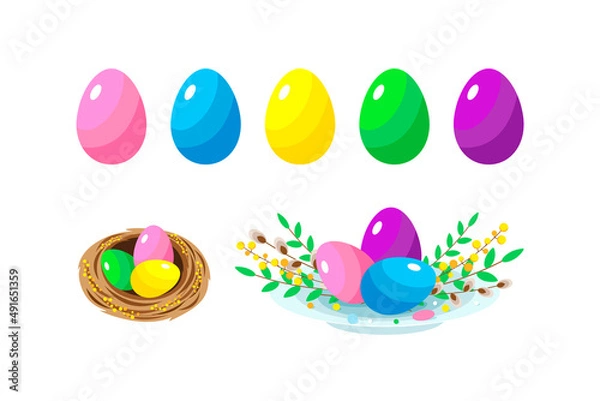Obraz Easter set of colorful eggs,nest and plate with easter eggs,willow twigs,mimosas and green sprigs.