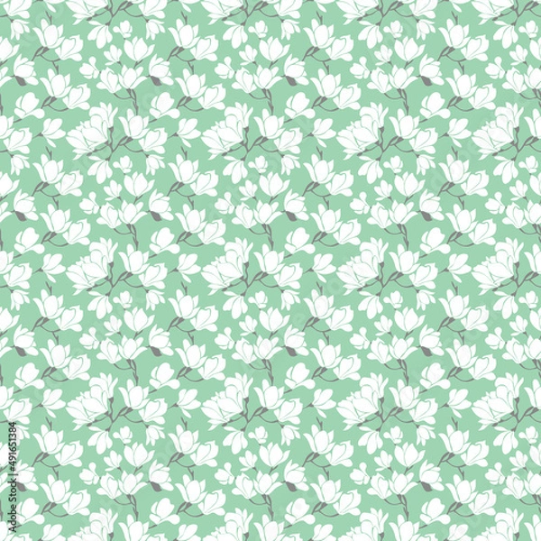 Obraz Cute seamless pattern with white blooming magnolias twigs.