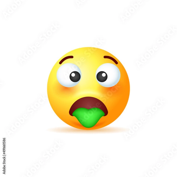 Fototapeta Yellow emoji with green tongue isolated on white background.