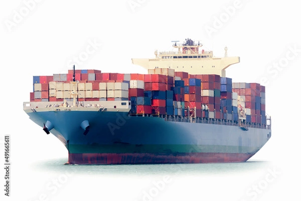 Fototapeta Container Cargo Ship and Tug boat isolated on white background, Freight Transportation and Logistic Concept, Shipping