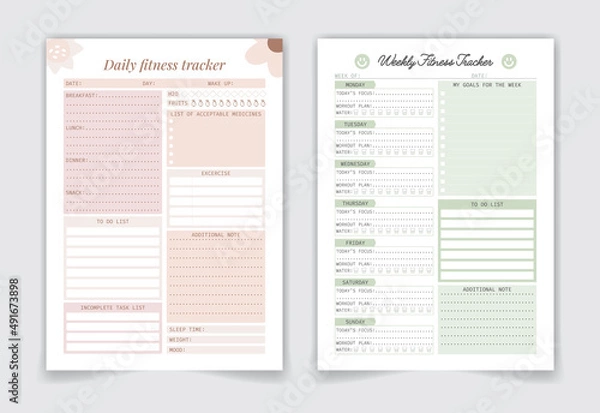 Fototapeta Fitness tracker log book template, Wellness Notebook, Activity Notebook, fitness Daily Planner