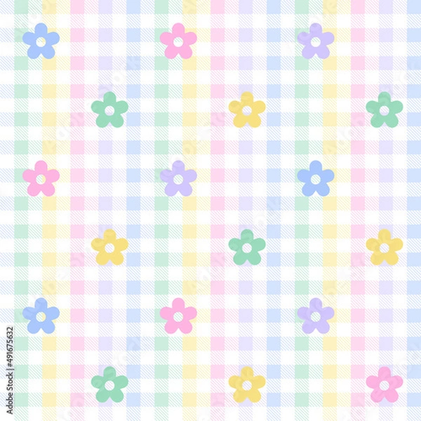 Fototapeta Rainbow Purple Blue Green Yellow Orange Pink Cute Daisy Flower Colorful Plaid Gingham Pattern Background Vector Cartoon Illustration Tablecloth, Picnic mat wrap paper, Mat, Fabric, Textile, Scarf.