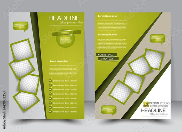 Fototapeta Flyer design template. Annual report cover.  Brochure background. For magazine front page, business, education, presentation. Vector illustration a4 size. Green color.