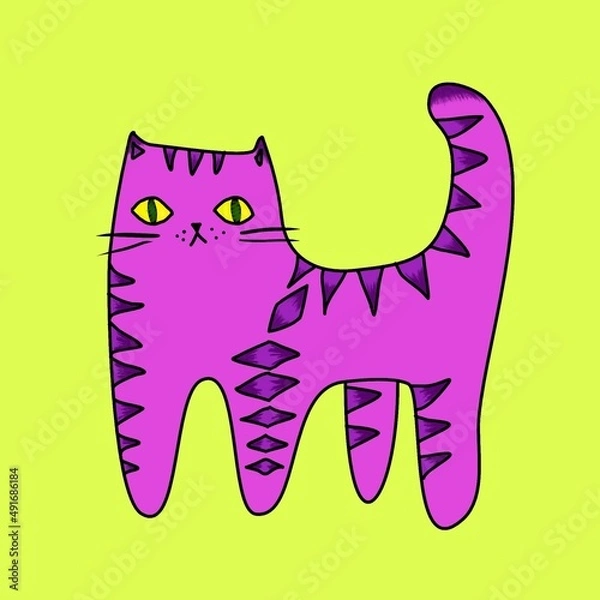 Fototapeta Crazy cat. Color illustration of a purple cat with lilac stripes. A cat with big yellow eyes on a green background. An idea for color books and greeting cards
