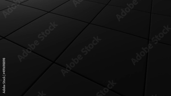 Fototapeta 3d rendering of dark ground with geometric square structures in black and gray tones lightened by a light source positioned above it in perspective view