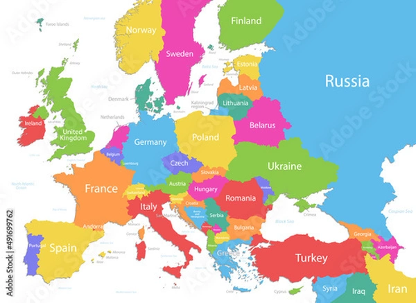 Obraz Europe with parts of Asia, multicolored detailed map, individual states and islands and sea with names, on white background vector