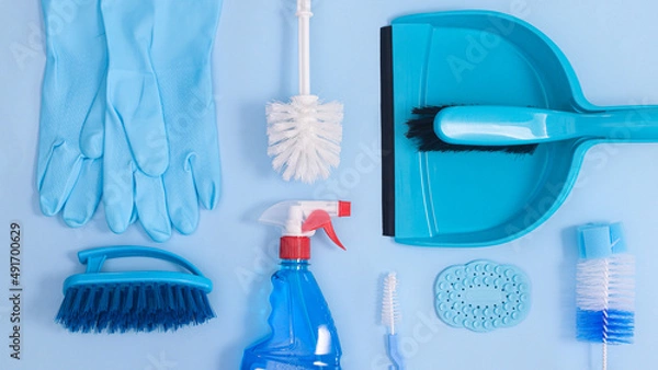 Fototapeta Creative pattern and layout with zero waste domestic cleaning tools. Flat lay minimal concept