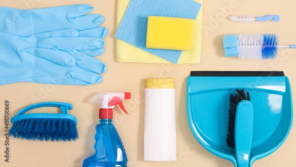 Fototapeta Creative pattern and layout with zero waste domestic cleaning tools. Flat lay minimal concept