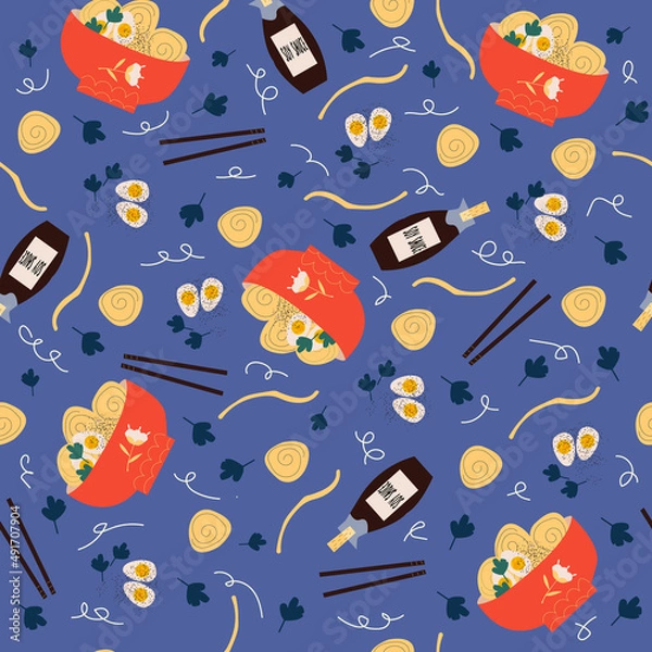 Obraz Seamless pattern of Asian Noodle and soy sauce on a blue background.  Example of menu. Recipes of traditional food