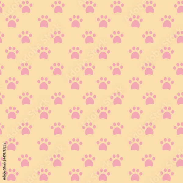 Fototapeta Seamless pattern with traces of cats paws, witchs familiar, mica nap on a yellow background. Vector illustration