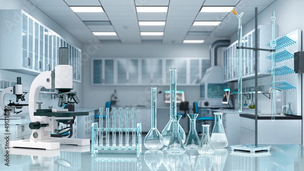 Obraz Laboratory workplace interior with blurred background. 3d illustration