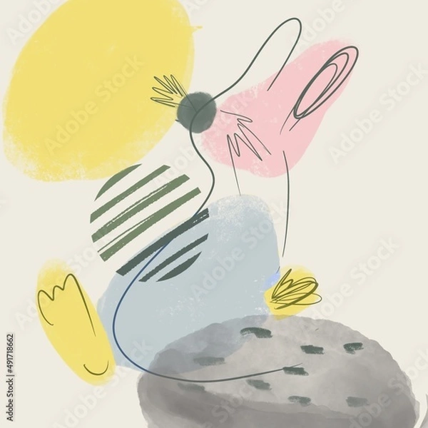 Fototapeta Abstract rabbit illustration. Animal minimalistic one line poster. Colorful pastel color circles. Hare silhouette with spots and strips. Good for Little girl’s interior picture