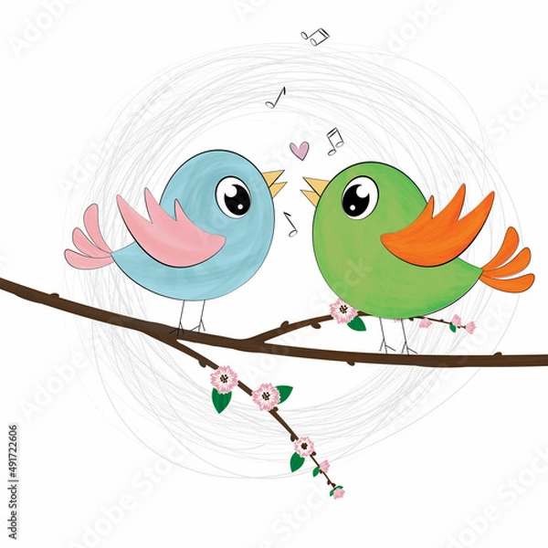 Fototapeta Beautiful spring birds in love are sitting on a branch with leaves. Hearts and music in the air. Cartoon characters are animals. Bright color vector illustration, spring card.