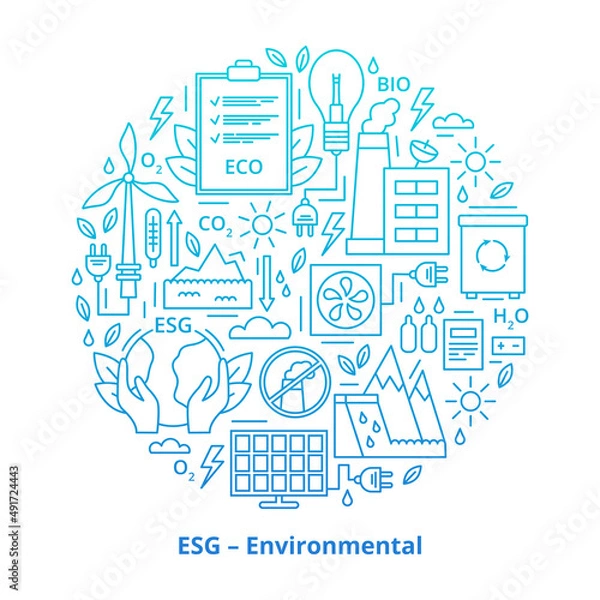 Fototapeta Set of ESG, ECO, BIO icons. ESG environmental criteria, icons placed in the form of a circle. Gradient. Vector illustration isolated on white background.