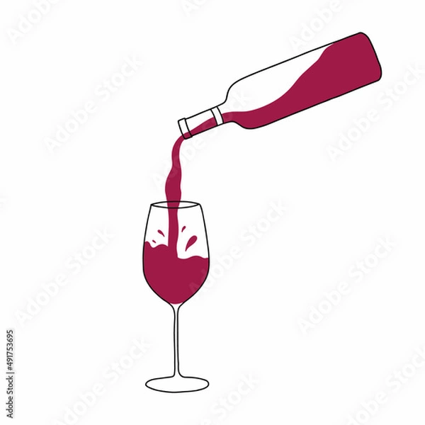 Fototapeta Red wine is poured from a bottle into a glass. Vector illustration in doodle style.
