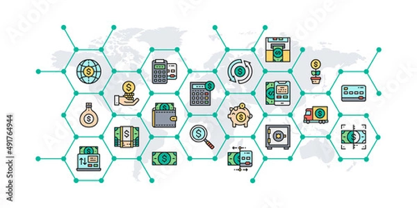 Fototapeta Money and Banking presentation banner with colored icons. Credit Card, Currency Exchange, Atm, Terminal infographics for web business concept.