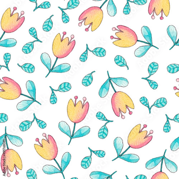 Obraz Abstract plants and flowers. Watercolor pattern on a white background.