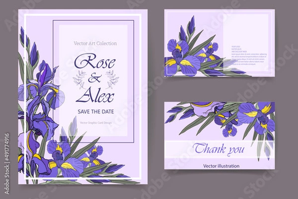 Fototapeta A set of invitations and business cards for a celebration, holiday, anniversary, decorated with iris flowers. Vector illustration in a flat style.
