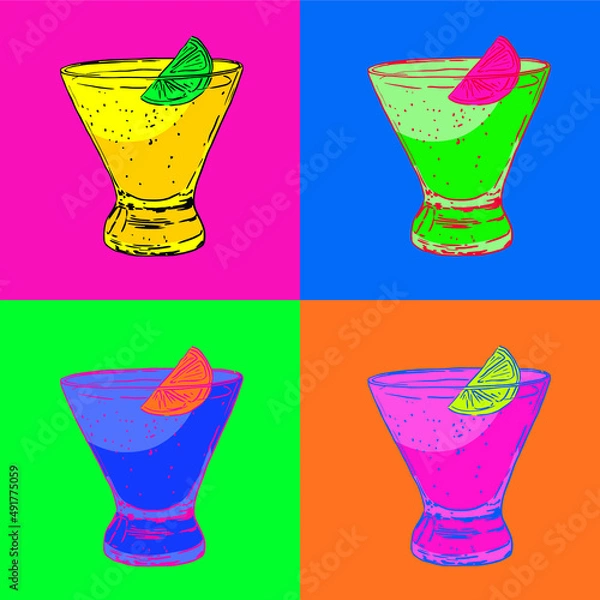 Fototapeta A glass of cocktail with a slice of lemon. Bright pop art illustration for a poster. Vector illustration.
